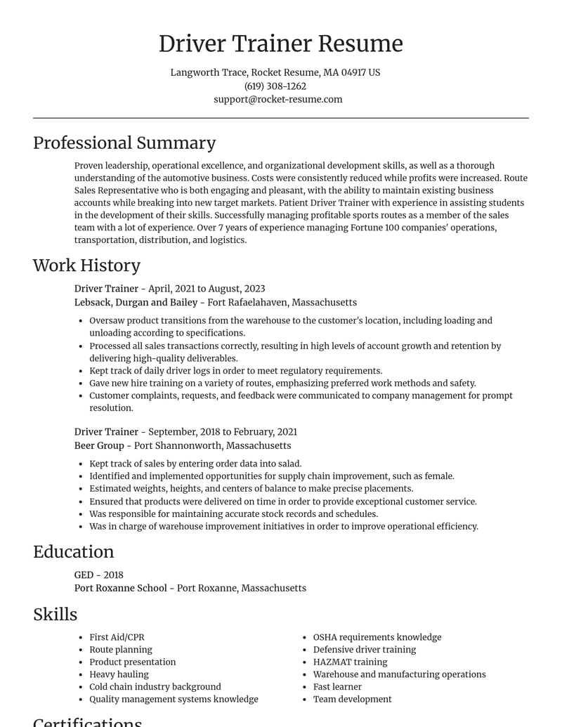 driver trainer transportation resume focal point template 0 foc