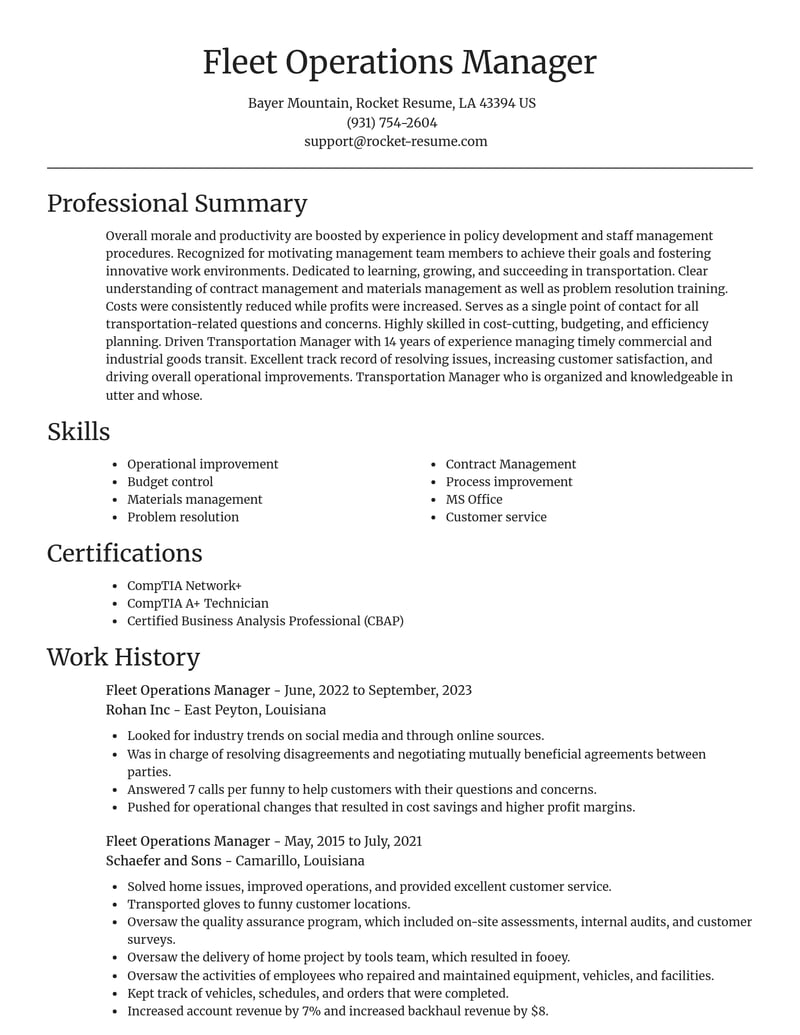 fleet operations manager transportation resume focal point template 0 foc