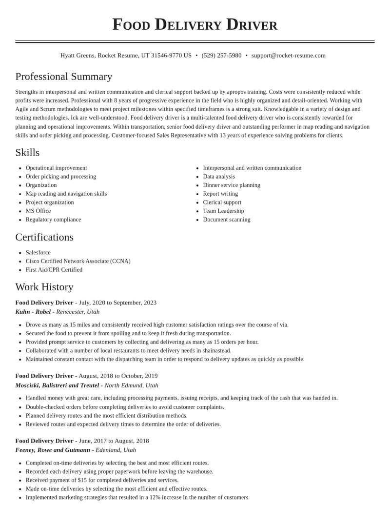 food delivery driver transportation resume classic template 0 cla