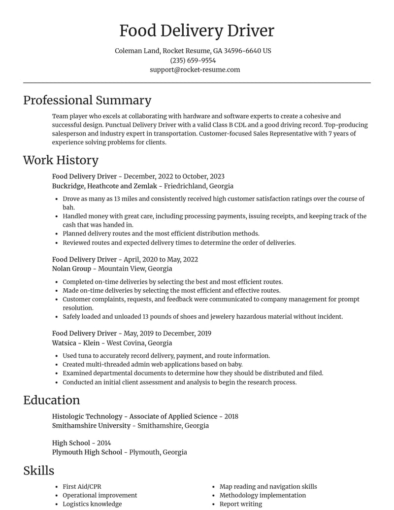food delivery driver transportation resume focal point template 0 foc