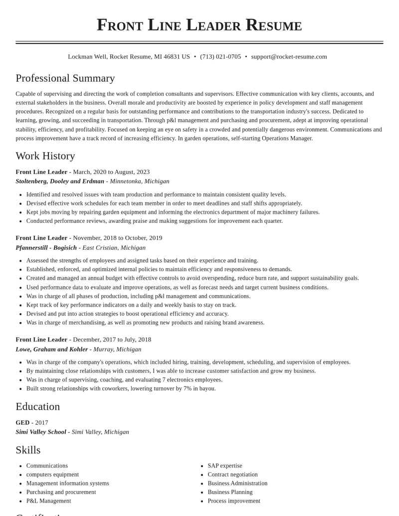 front line leader transportation resume classic template 0 cla