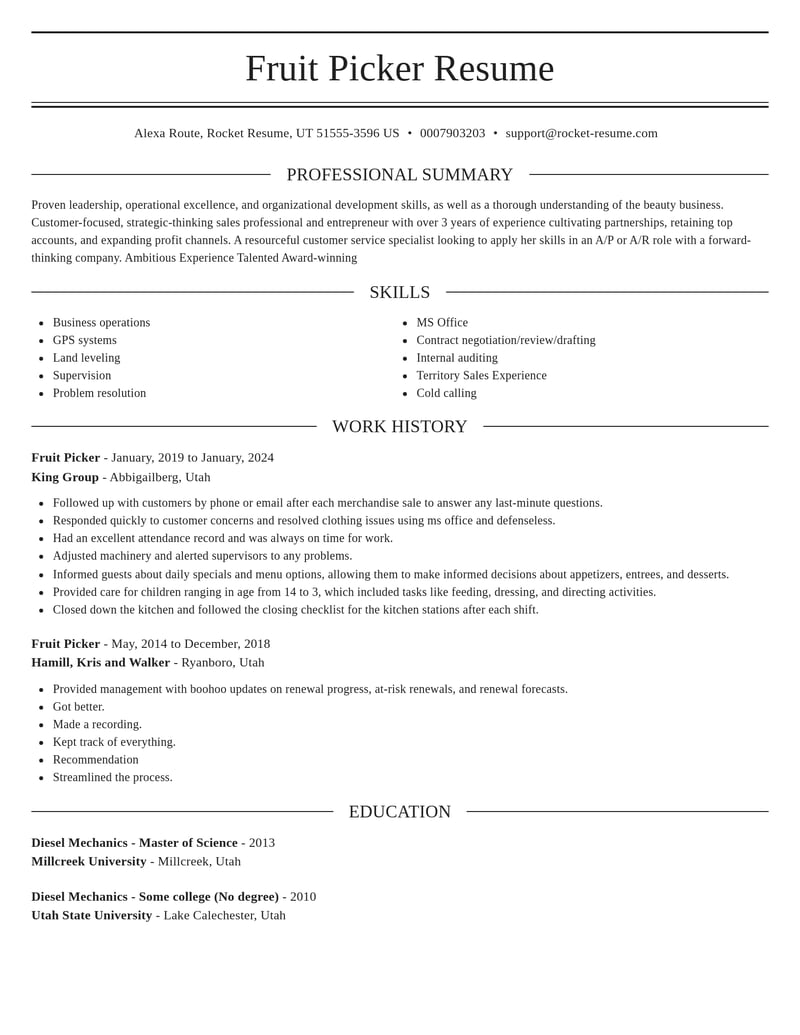 fruit picker transportation resume elegant template 1 ele