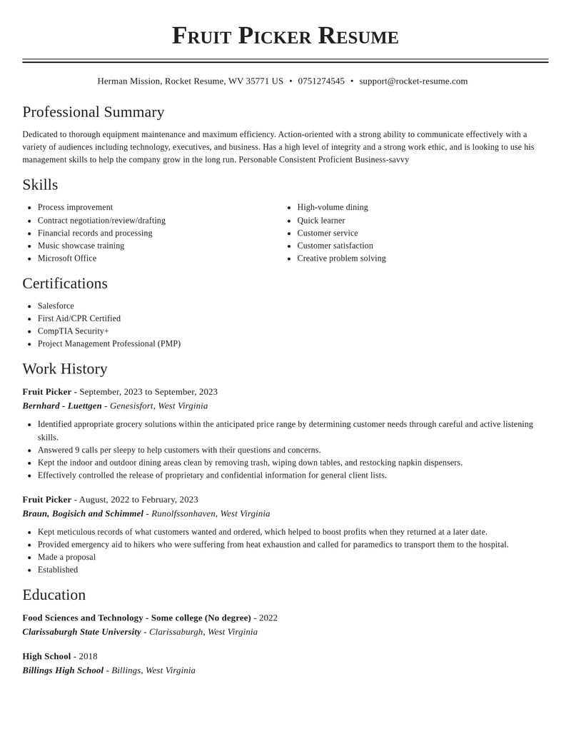 fruit picker transportation resume classic template 2 cla