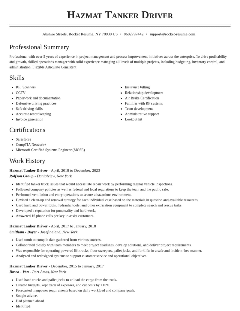 hazmat tanker driver transportation resume classic template 2 cla