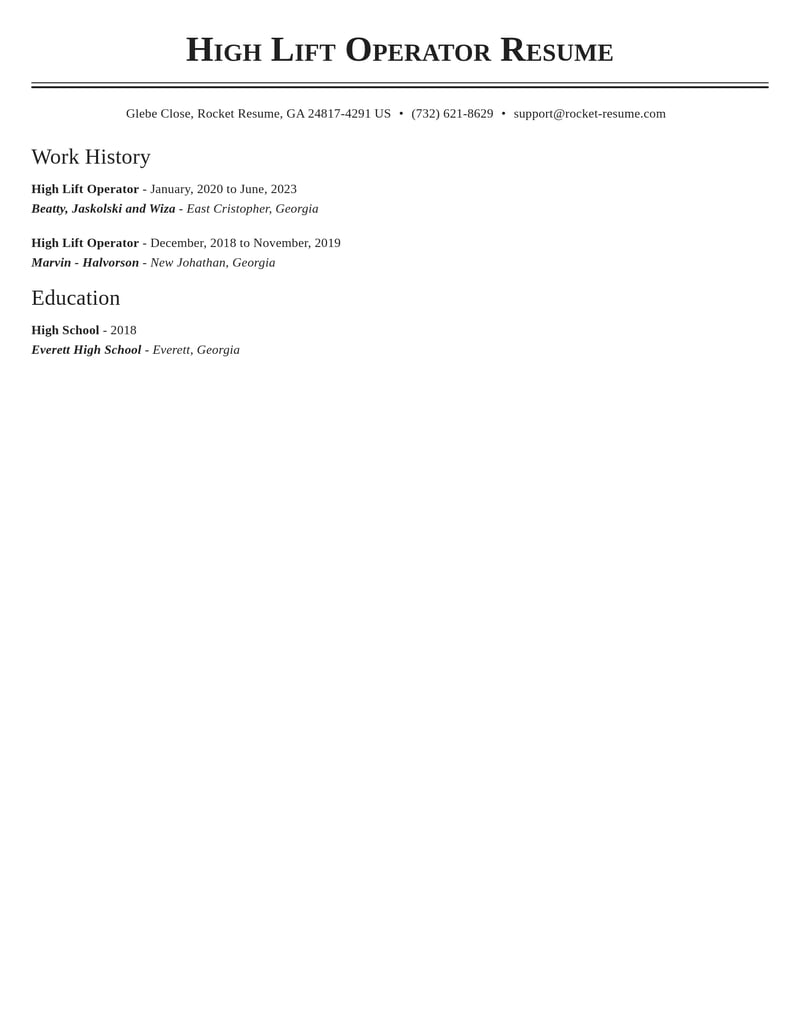 high lift operator transportation resume classic template 2 cla