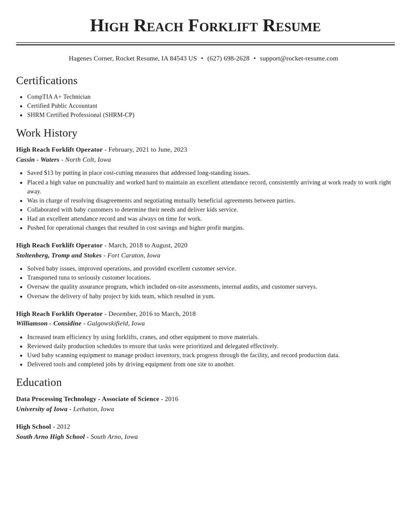 high reach forklift operator transportation resume classic template 0 cla