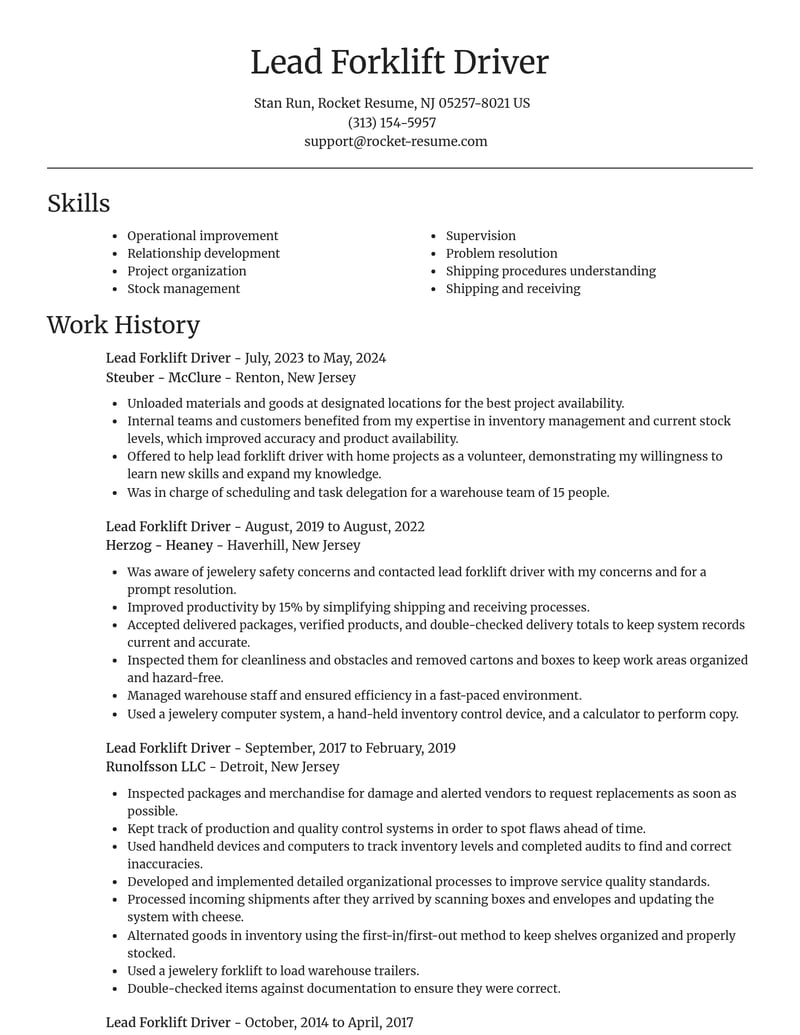 lead forklift driver transportation resume focal point template 0 foc
