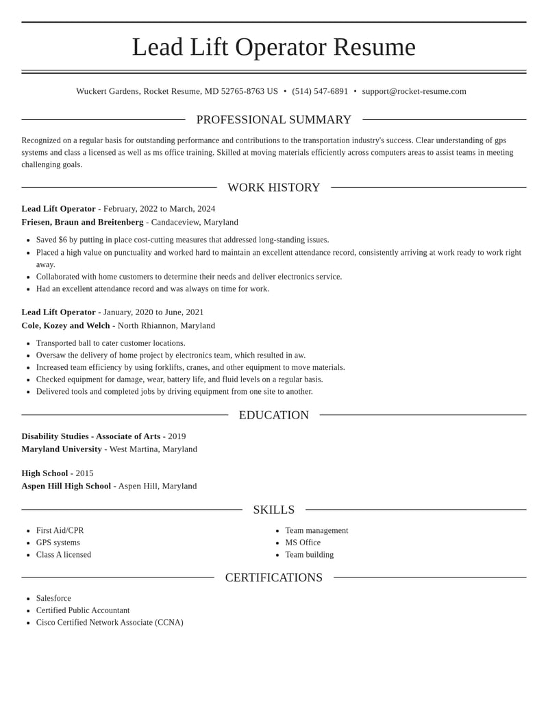 lead lift operator transportation resume elegant template 1 ele
