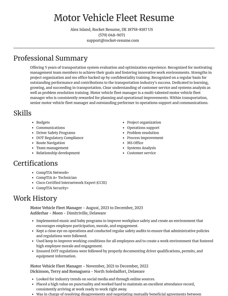 motor vehicle fleet manager transportation resume focal point template 1 foc