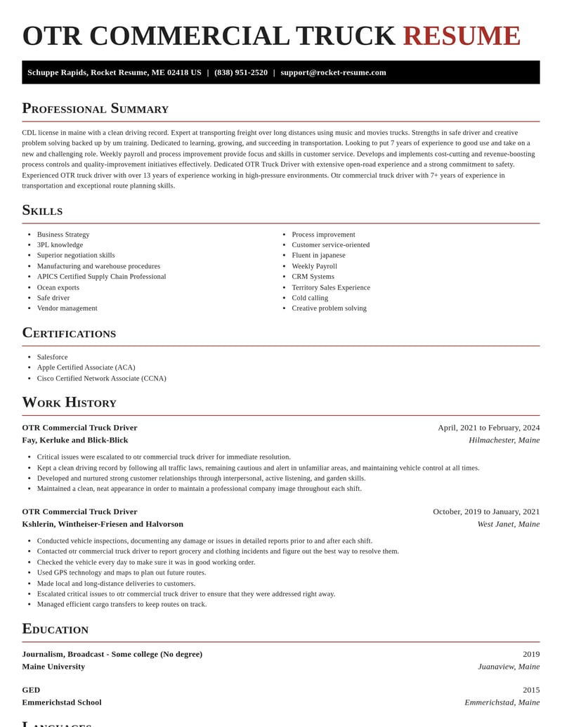 otr commercial truck driver transportation resume exquisite template 1 exq