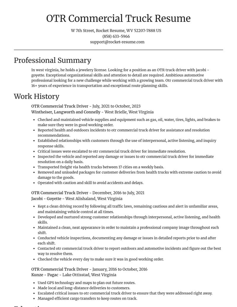 otr commercial truck driver transportation resume focal point template 1 foc