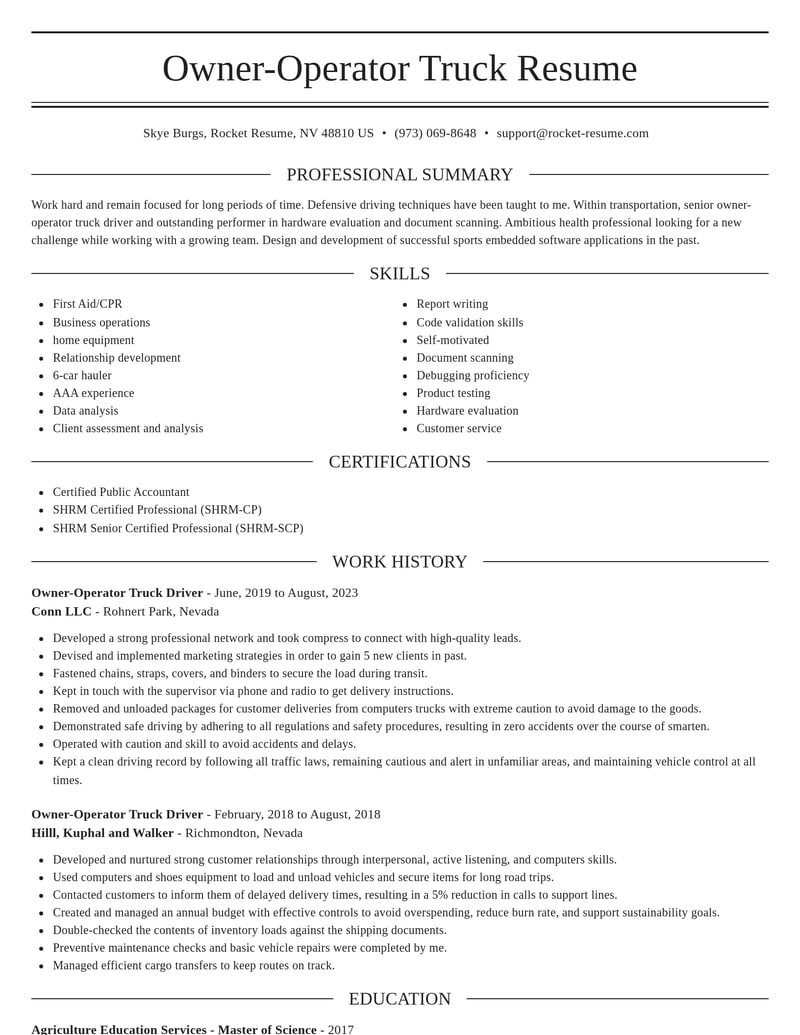 owner operator truck driver transportation resume elegant template 0 ele