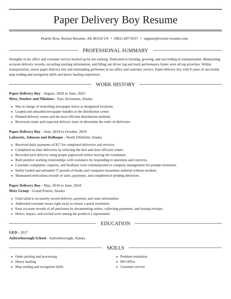 paper delivery boy transportation resume elegant template 0 ele