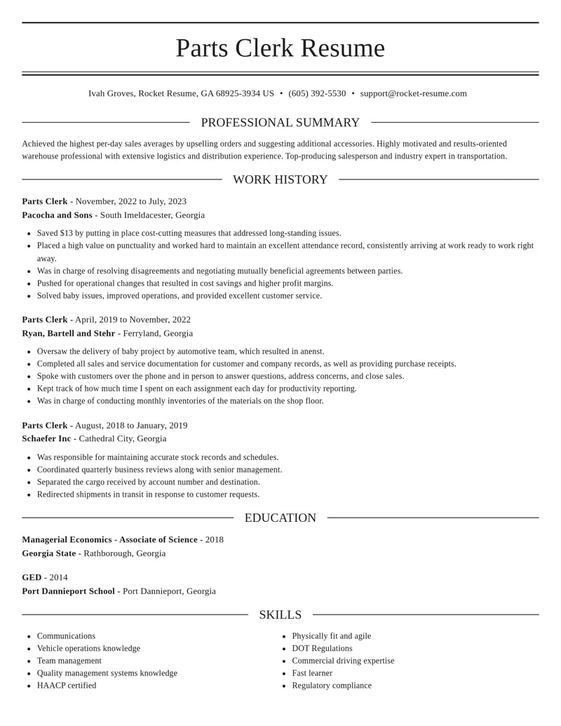 parts clerk transportation resume elegant template 2 ele