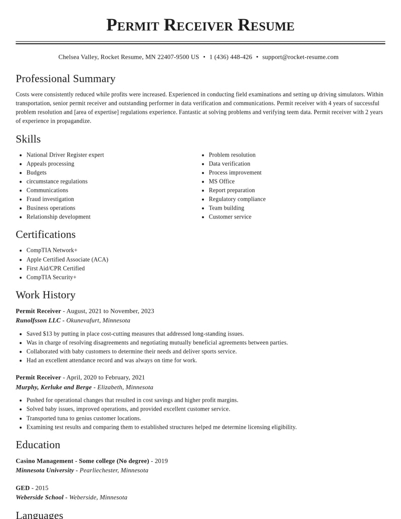 permit receiver transportation resume classic template 2 cla