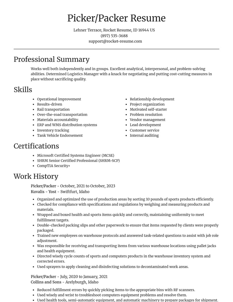 picker packer transportation resume focal point template 0 foc
