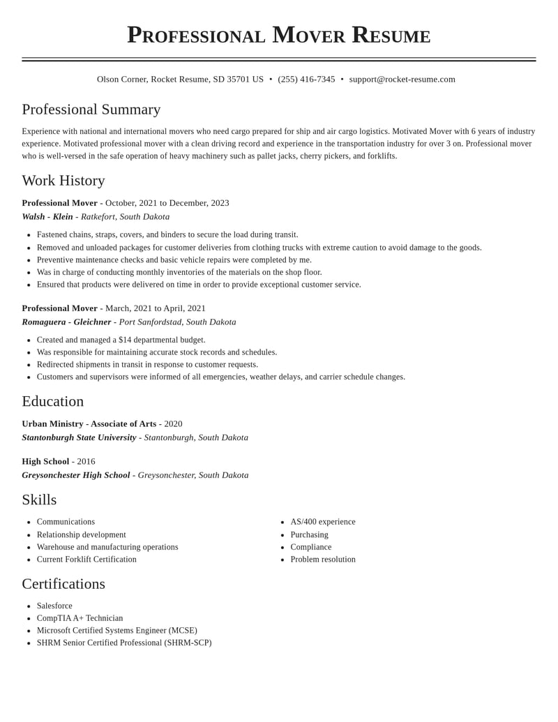 professional mover transportation resume classic template 0 cla