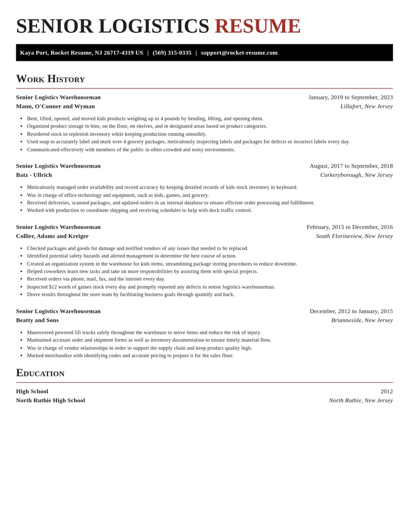 senior logistics warehouseman transportation resume exquisite template 1 exq