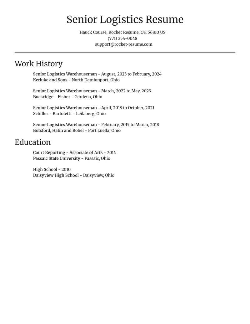 senior logistics warehouseman transportation resume focal point template 2 foc