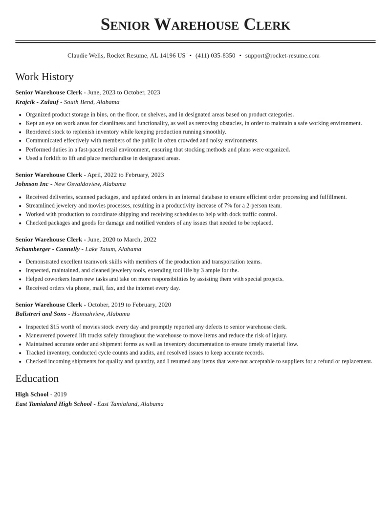 senior warehouse clerk transportation resume classic template 2 cla