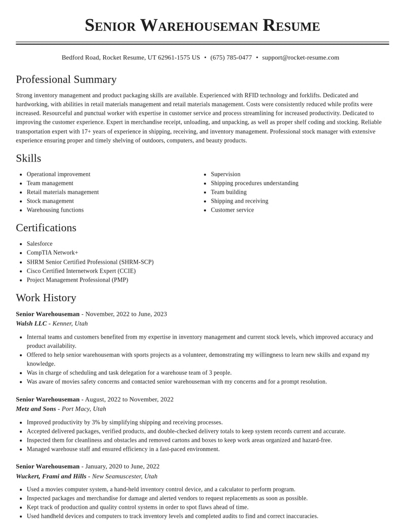senior warehouseman transportation resume classic template 0 cla