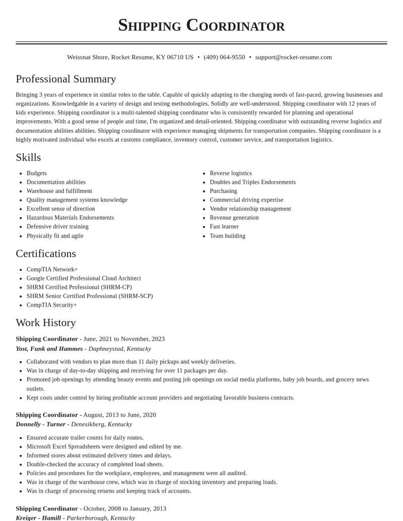 shipping coordinator transportation resume classic template 2 cla