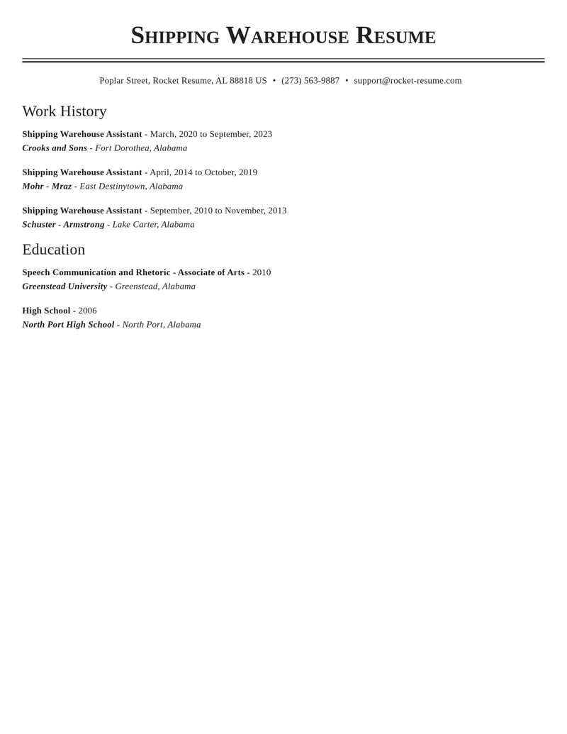 shipping warehouse assistant transportation resume classic template 2 cla