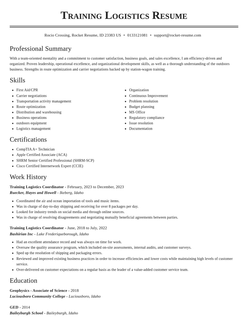 training logistics coordinator transportation resume classic template 2 cla