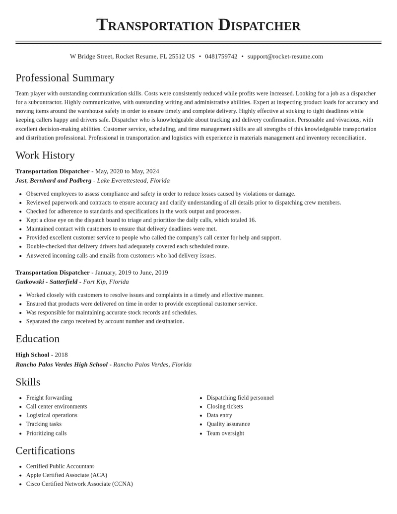 transportation dispatcher transportation resume classic template 0 cla