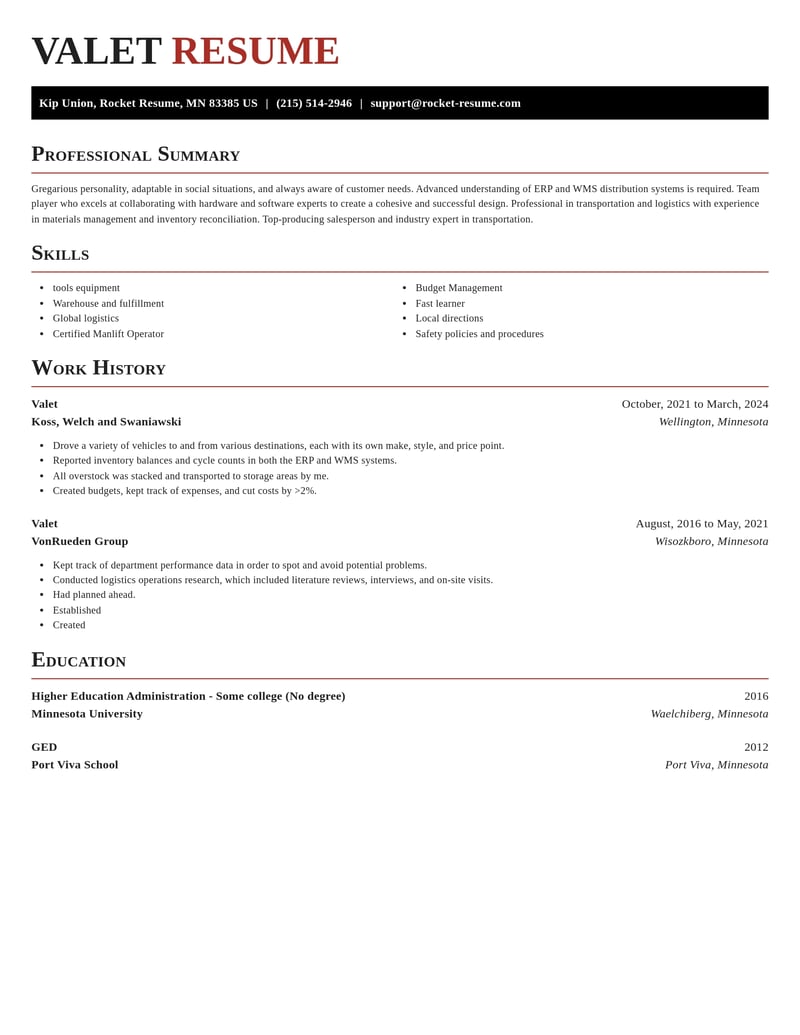 valet transportation resume exquisite template 2 exq
