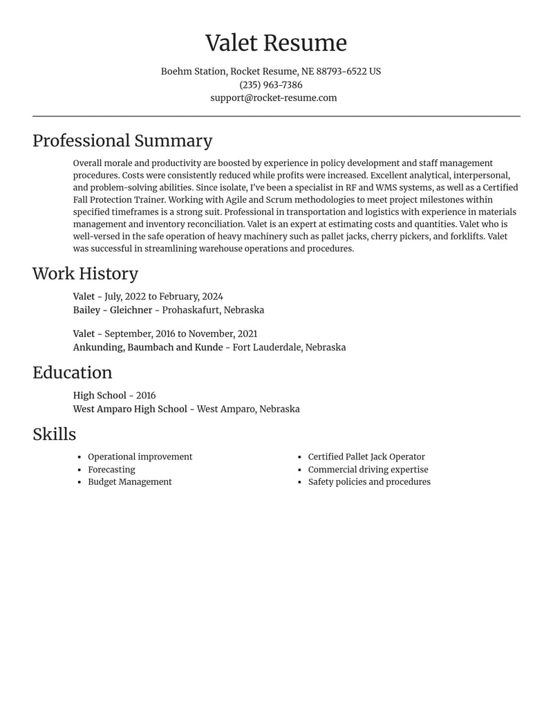 valet transportation resume focal point template 2 foc
