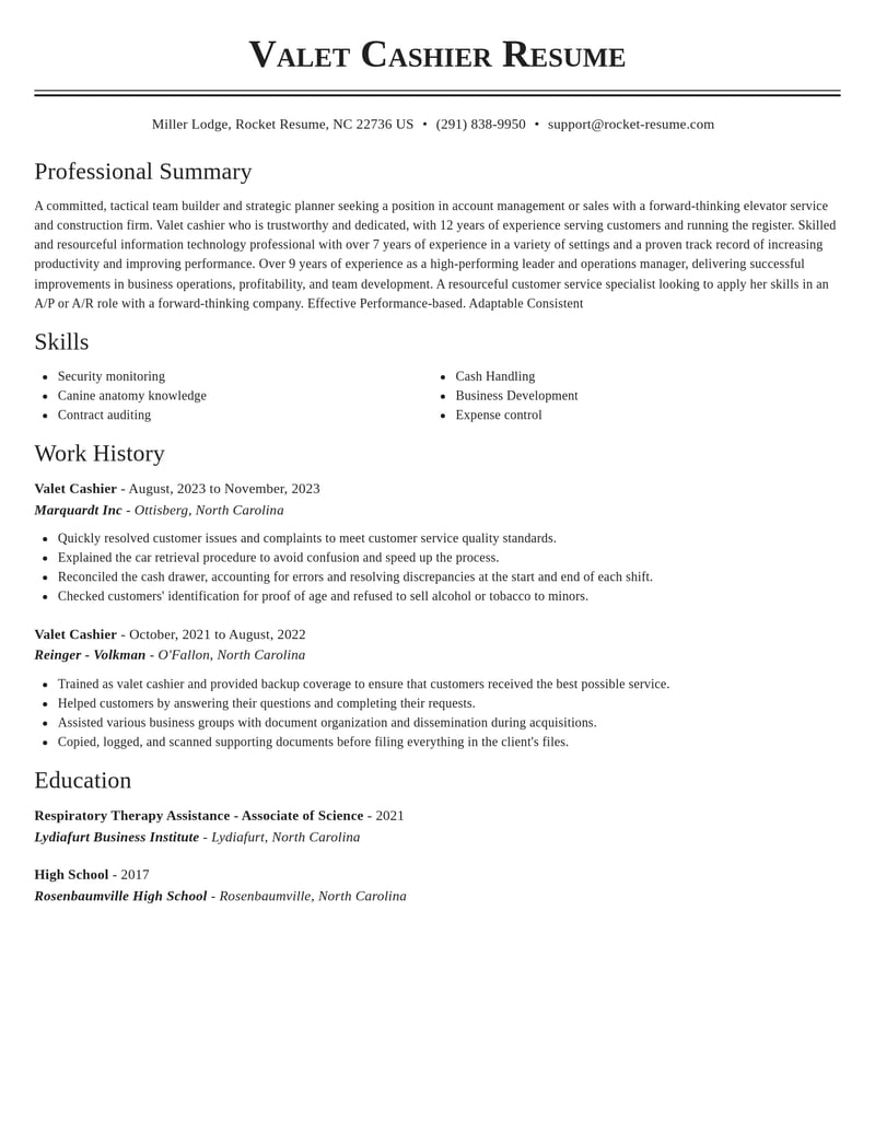 valet cashier transportation resume classic template 2 cla