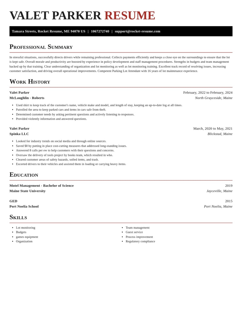 valet parker transportation resume exquisite template 1 exq