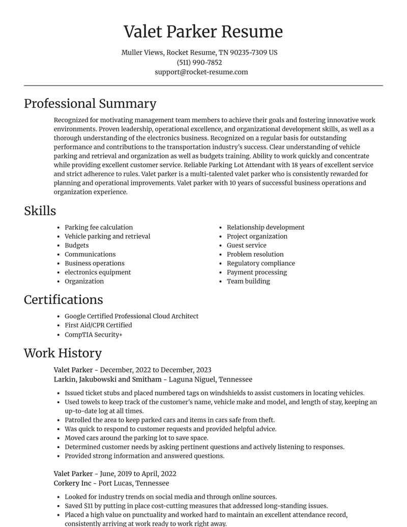 valet parker transportation resume focal point template 2 foc