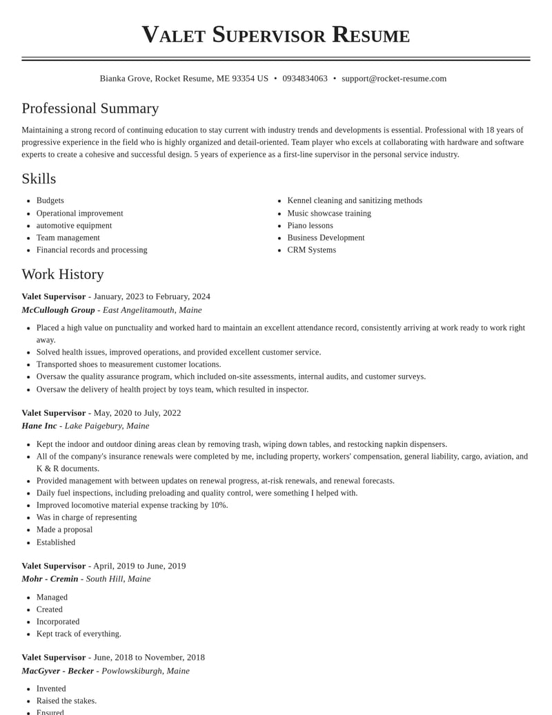 valet supervisor transportation resume classic template 2 cla