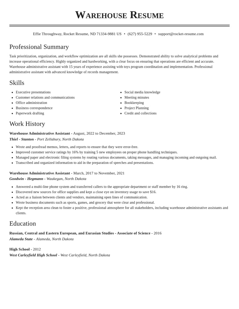 warehouse administrative assistant transportation resume classic template 0 cla