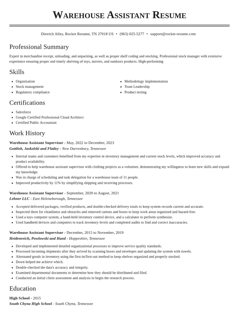 warehouse assistant supervisor transportation resume classic template 1 cla