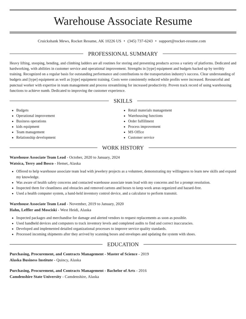 warehouse associate team lead transportation resume elegant template 1 ele
