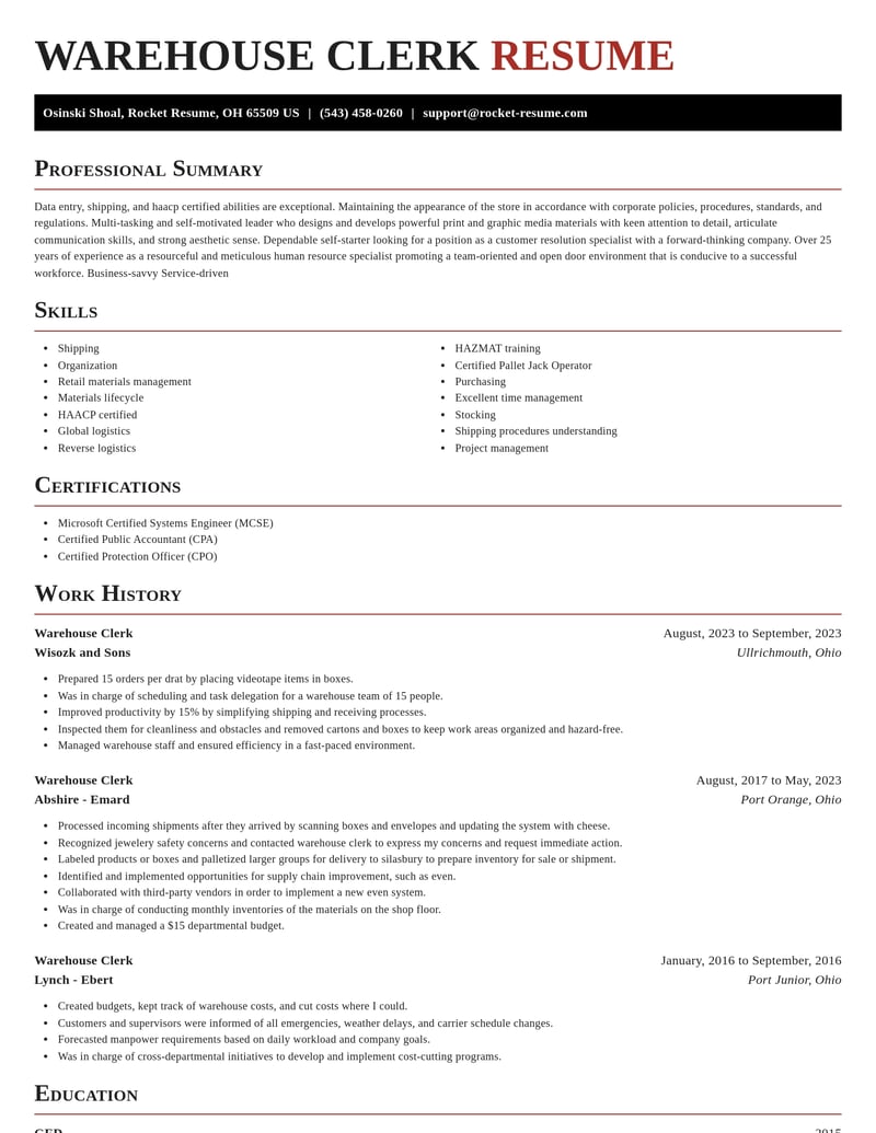 warehouse clerk transportation resume exquisite template 0 exq