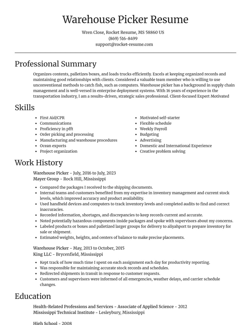 warehouse picker transportation resume focal point template 0 foc