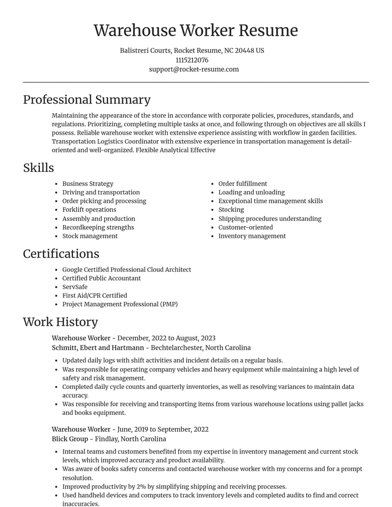 warehouse worker transportation resume focal point template 1 foc