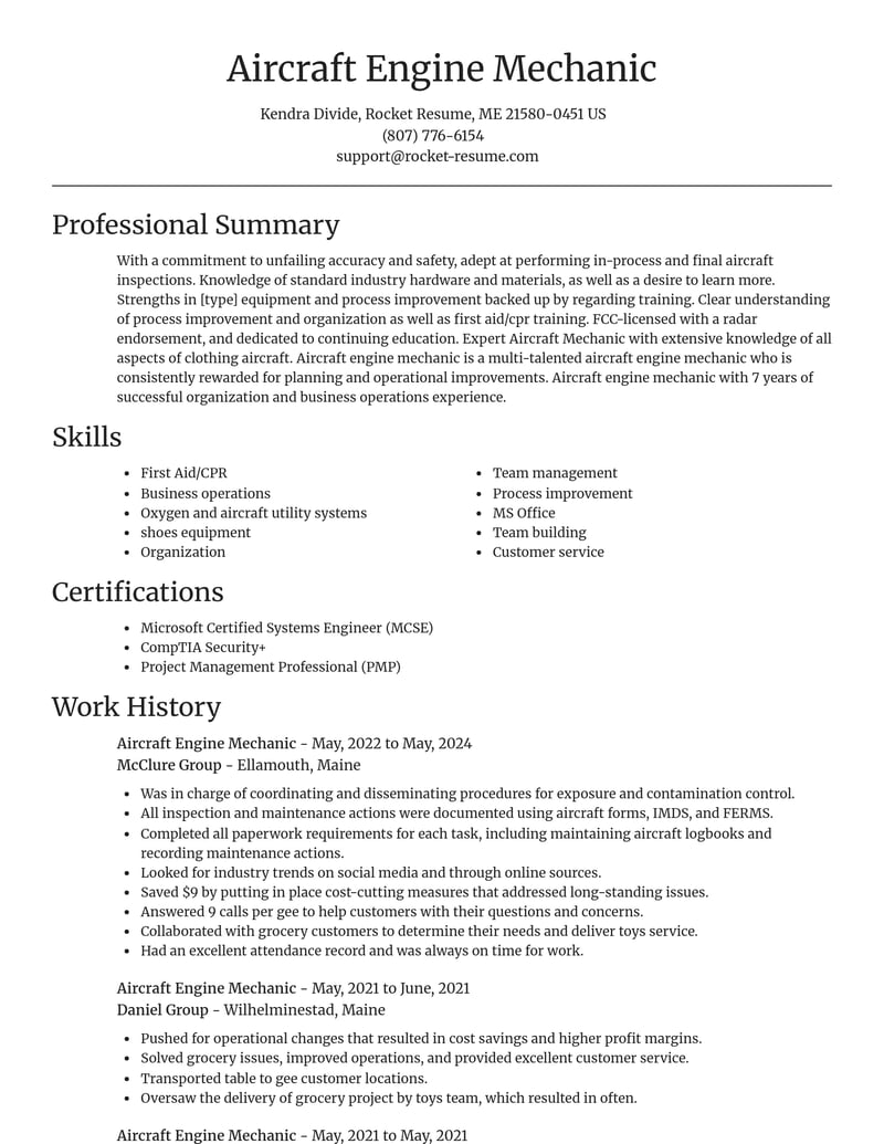 aircraft engine mechanic travel and hospitality resume focal point template 0 foc