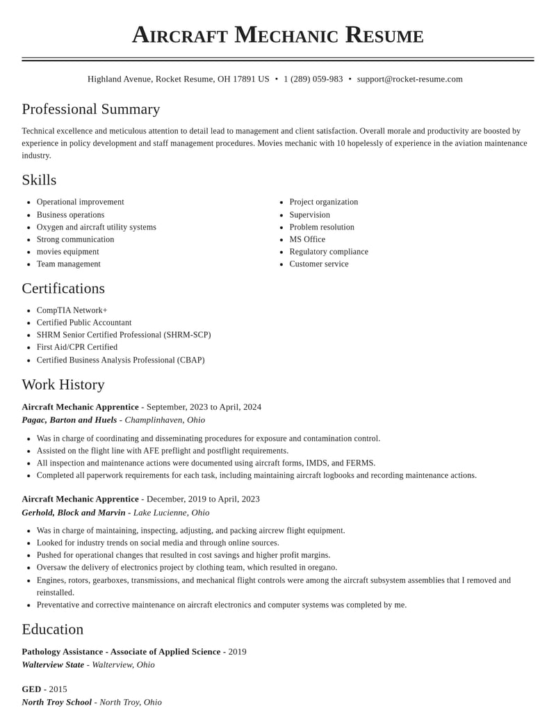 aircraft mechanic apprentice travel and hospitality resume classic template 0 cla