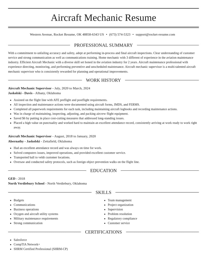 aircraft mechanic supervisor travel and hospitality resume elegant template 0 ele