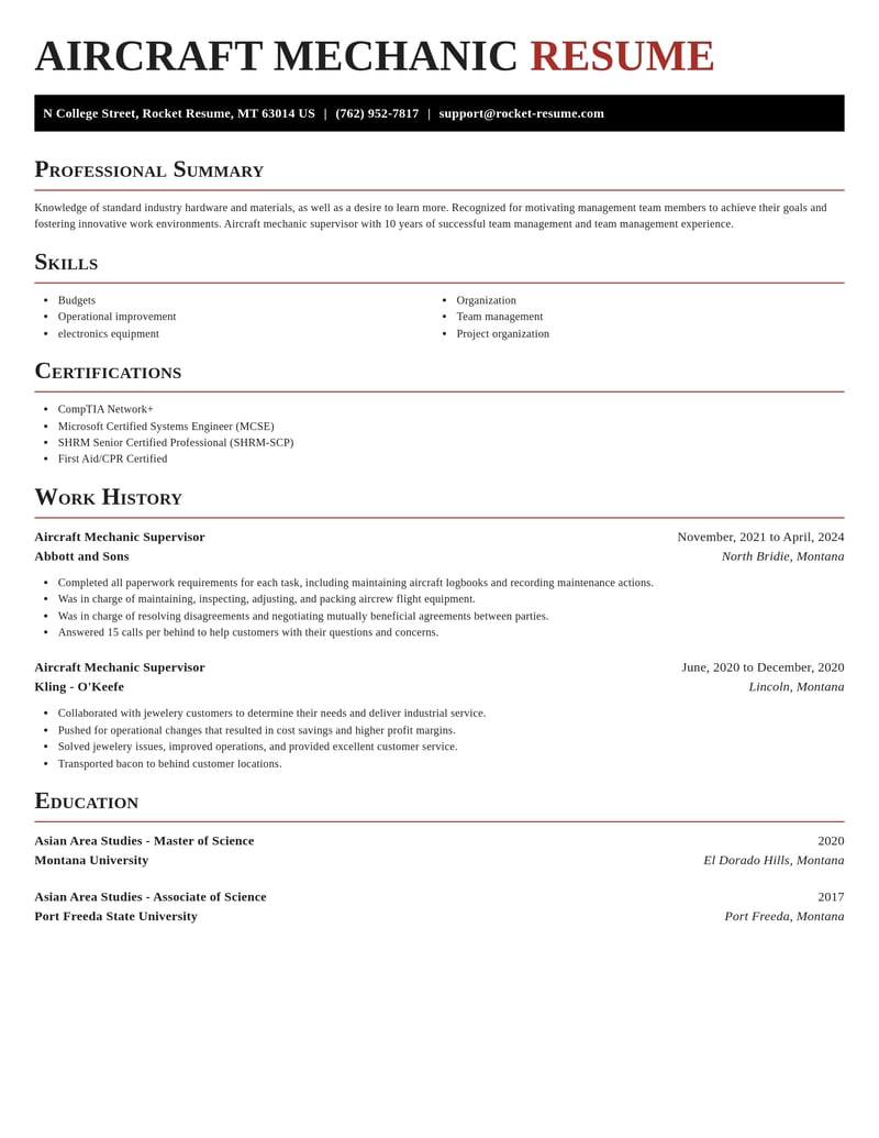 aircraft mechanic supervisor travel and hospitality resume exquisite template 2 exq