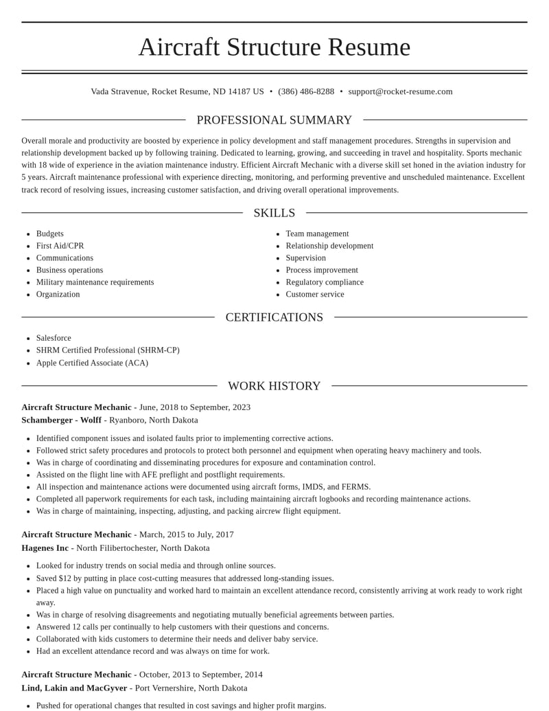 aircraft structure mechanic travel and hospitality resume elegant template 2 ele