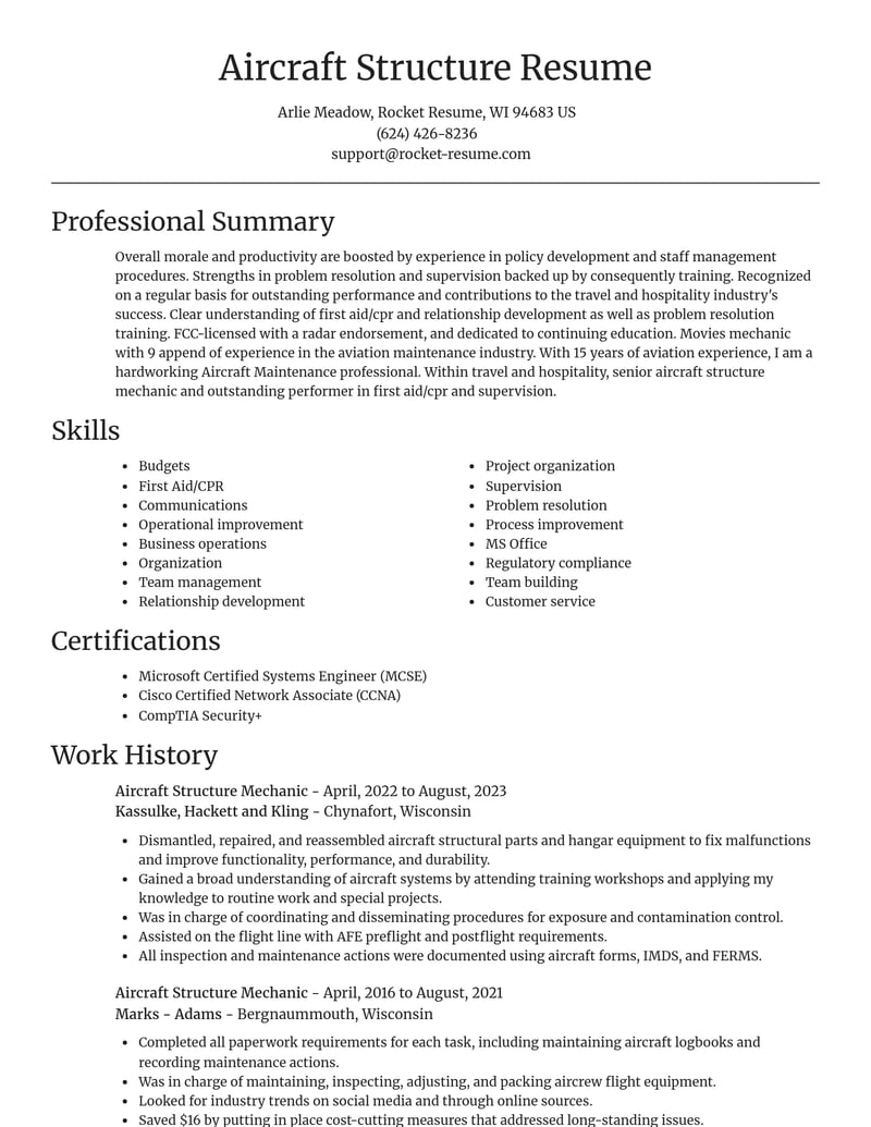 aircraft structure mechanic travel and hospitality resume focal point template 2 foc