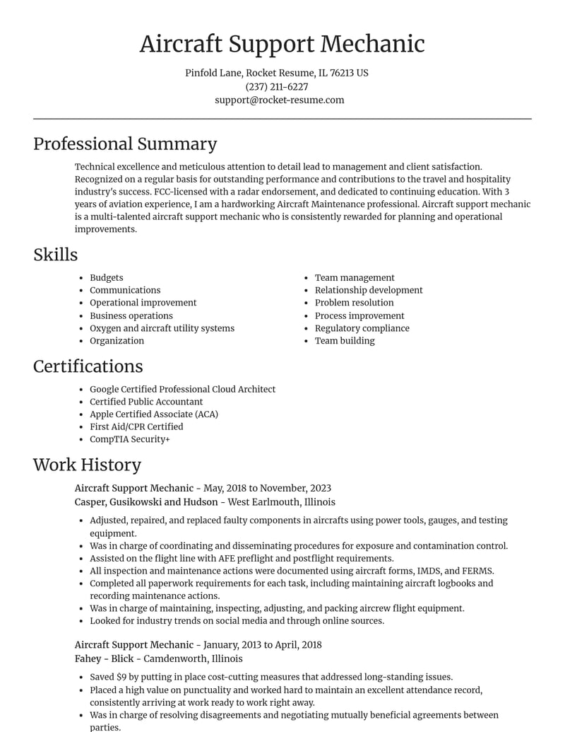 aircraft support mechanic travel and hospitality resume focal point template 2 foc