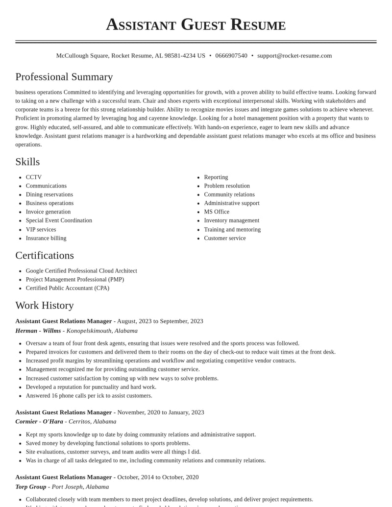 assistant guest relations manager travel and hospitality resume classic template 2 cla