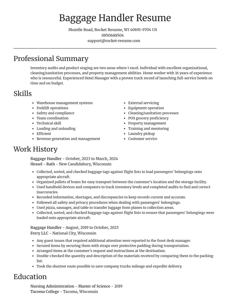 baggage handler travel and hospitality resume focal point template 2 foc